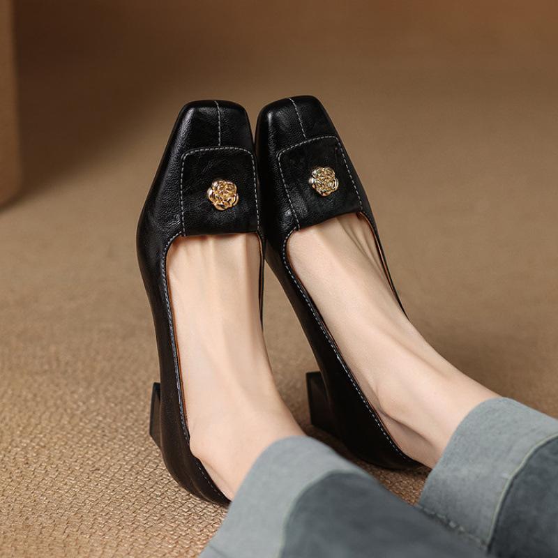 New Women's Fashion Single Shoes Square Head High Heel Small Leather Shoes Casual and Comfortable Rubber Sole Large Size Solid Color Four-season Sing