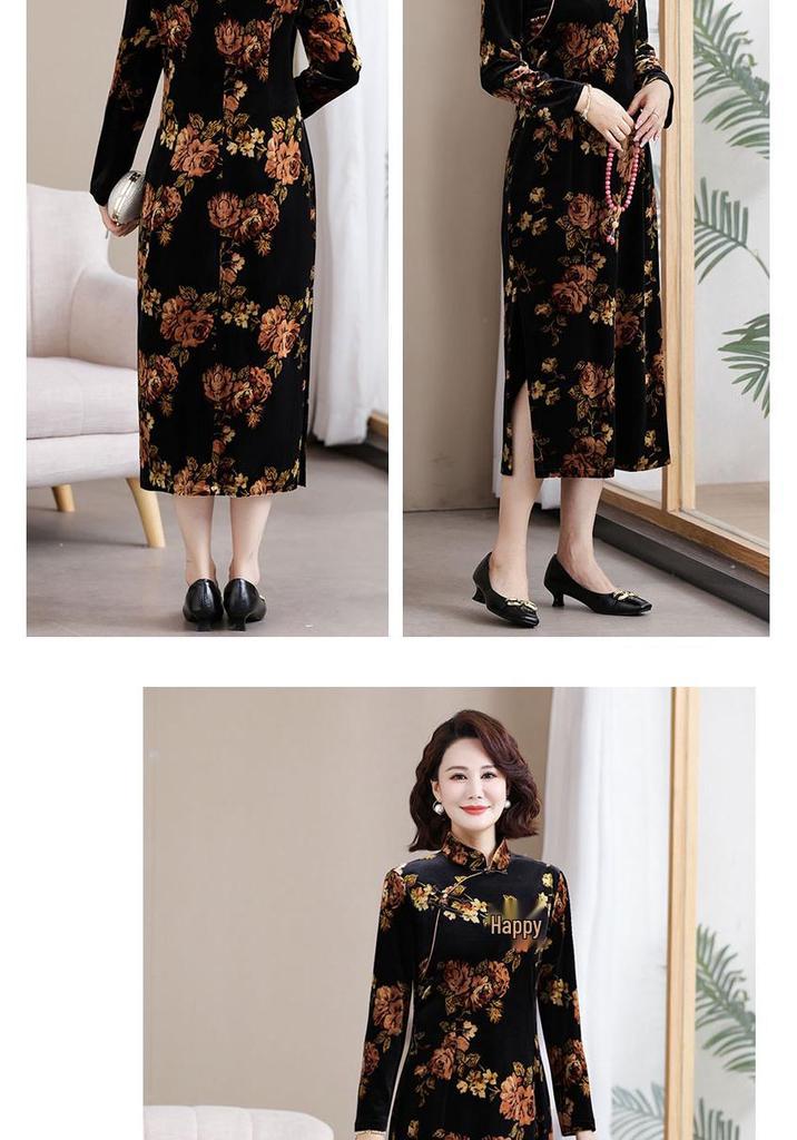 Elegant Golden Velvet Qipao Dress for Middle-Aged and Elderly Women - Waist-Cinching, Mid-Length, Perfect for Spring and Autumn