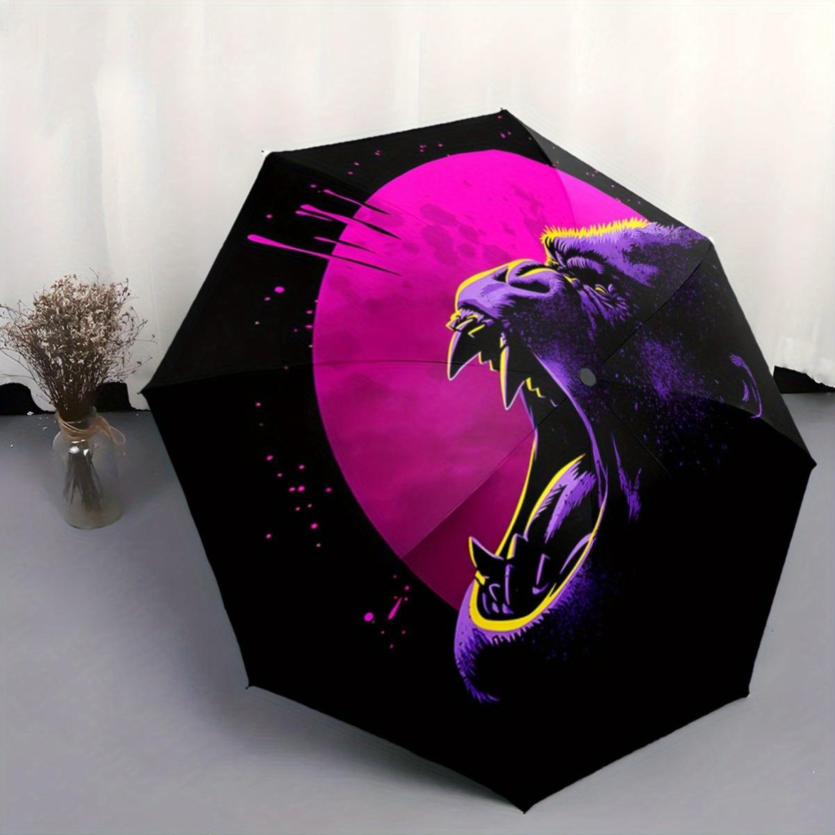 

This Folding Umbrella Showcases an Eye-Catching Design, Featuring a Vibrant Purple Gorilla Roaring on a Lively Pink Circular B (as the picture,Iron&8K)