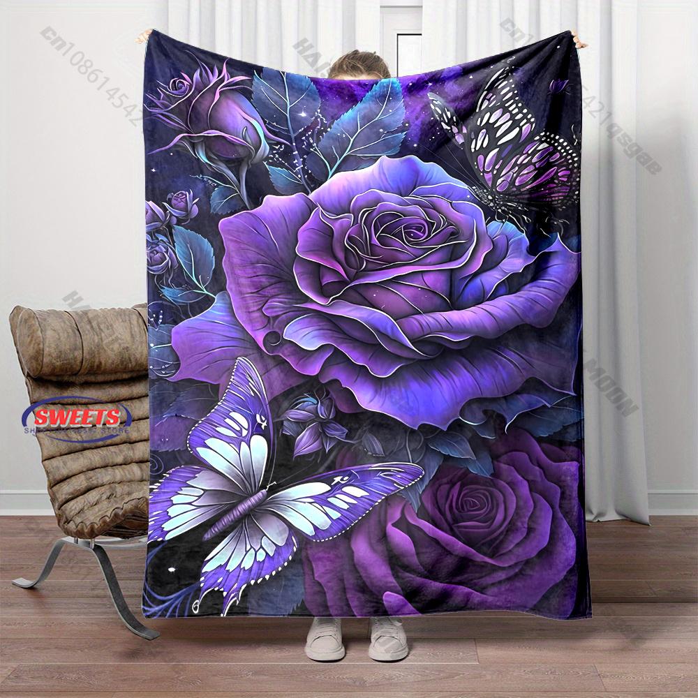 6 Sizes Purple Butterfly and Flower Printed Blanket Warm Soft Home Travel Blanket Sofa Bedding Cover Blankets Gifts for Friends