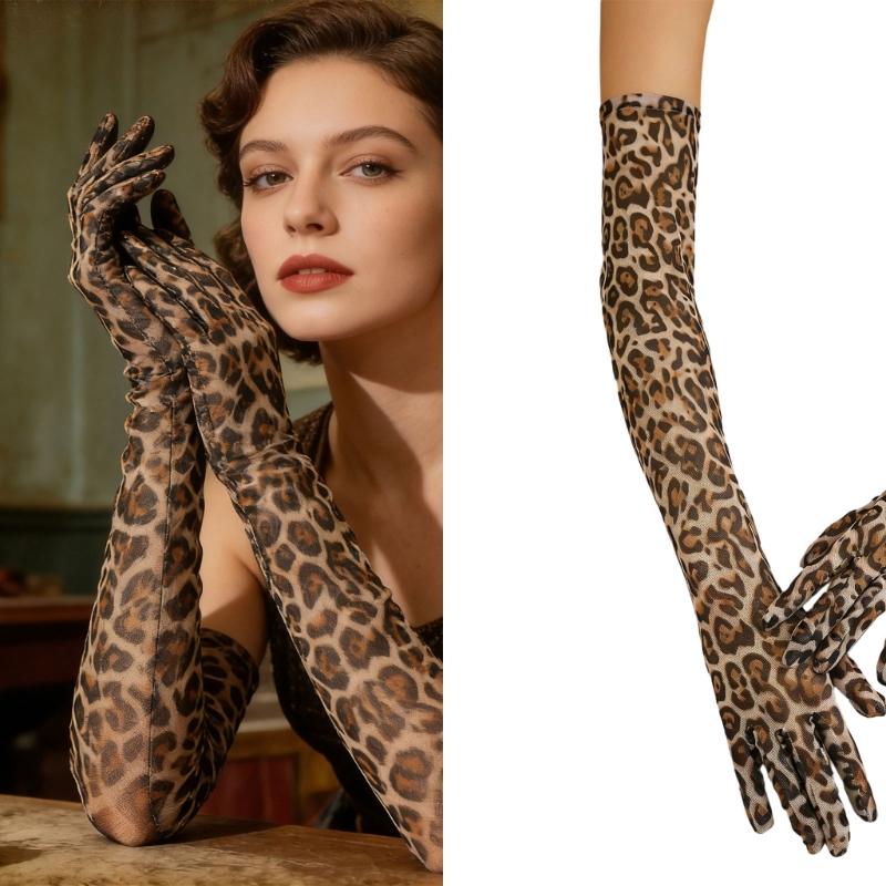 Eleganti Guanti Lunghi in Rete con Stampa Leopardata Accessorio Cosplay Guanti Lunghi Elasticizzati fino al Gomito per Feste da Ballo ed Eventi di Ballo