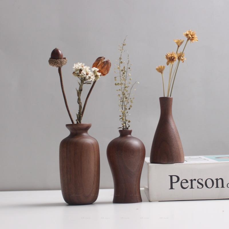 1pcs Solid Wood Vase Black Walnut Small Ornaments Wooden Crafts Home Decoration New Flower Arrangement Device