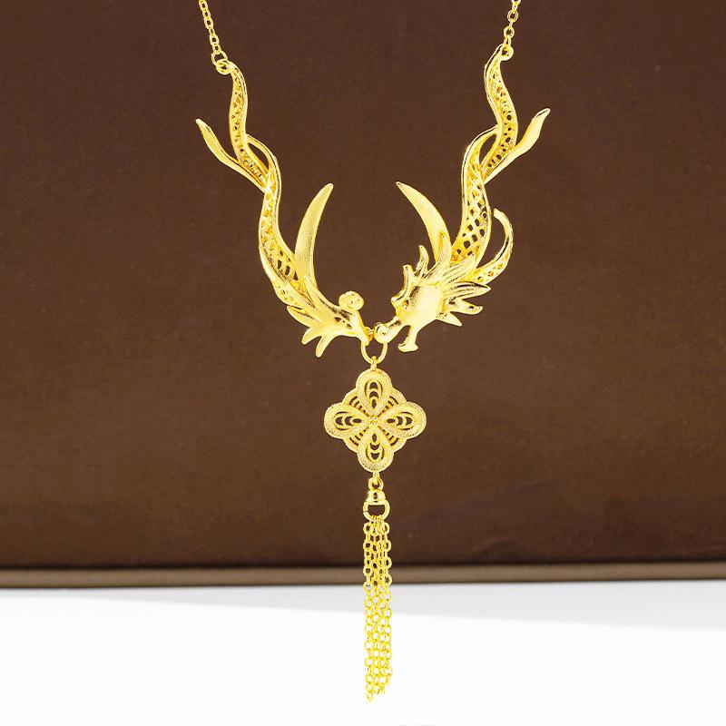 

Dragon & Phoenix Fortune Knot Tassel Necklace - Vietnamese Sand Gold, Retro, Long-lasting Color Retention