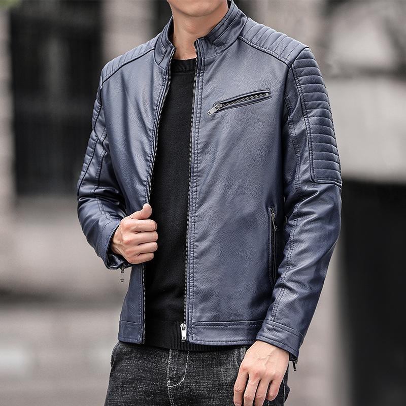 Men's Leather Jacket Spring and Autumn New Trendy Motorcycle Stand Collar Jacket Men's Slim Korean Style Green Pu Leather Jacket