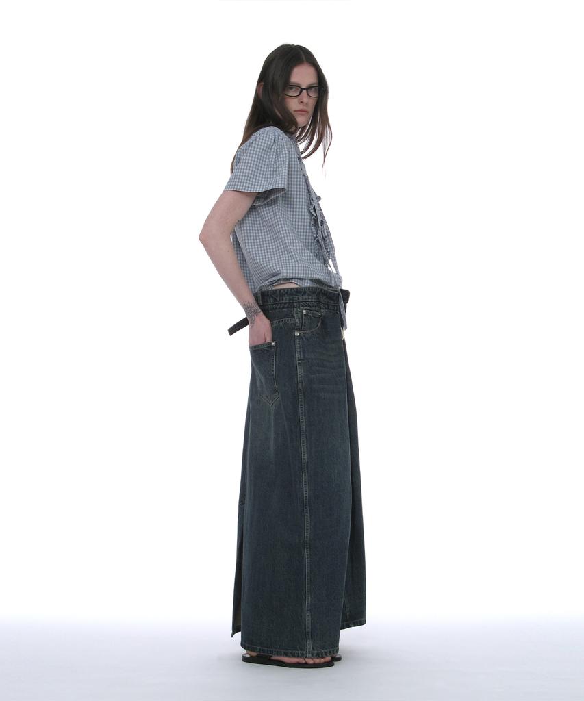 Partimento Woman Drawstring Denim Maxi Skirt_Dark Blue