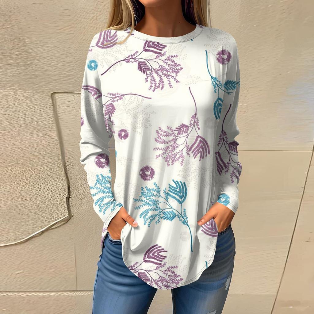 Women's Fashion Casual Round Neck Floral Long Sleeve T-shirt Pullover Long Sleeve Top