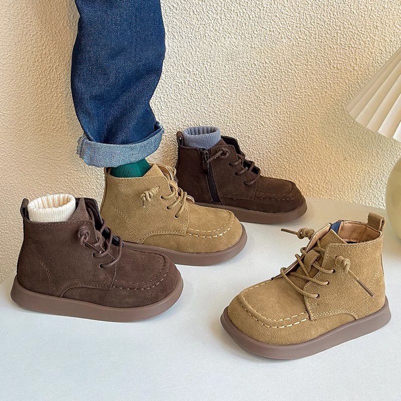 Kids Ankle Boots Retro British Style Children Short Boots Side Zip Autumn Boys Girls Leather Boots Versatile Soft Sole