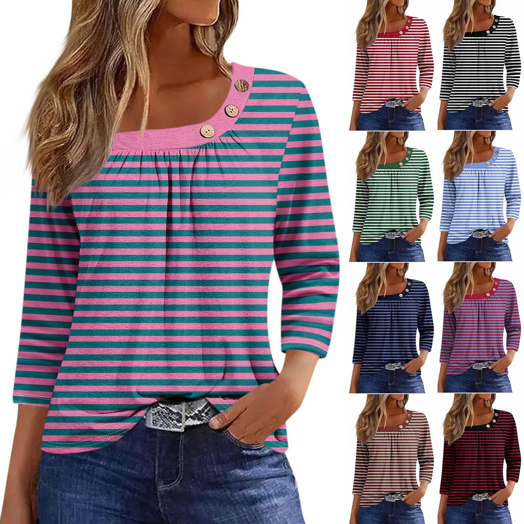 Damen T-Shirt mit Aufdruck, Knopfleiste, 3/4-Ärmel, für den Alltag, Wochenende, modisch, Basic, normale Passform