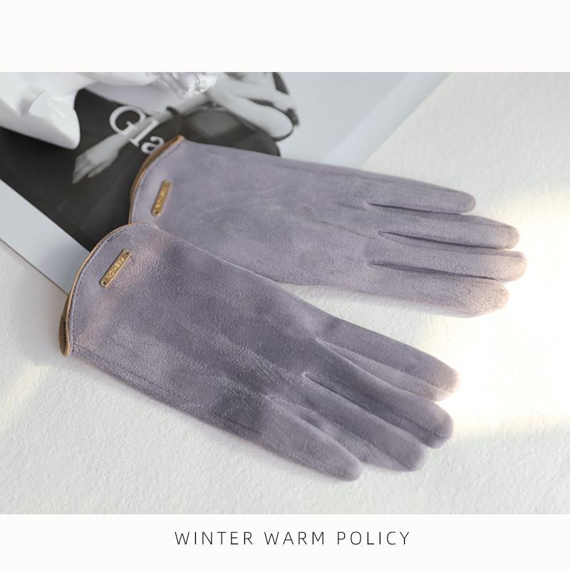 Autumn Winter Fleece Lined Thick Warm Faux Suede Driving Leather Gloves Cycling Versatile Fingerless Women Windproof Touchscreen
