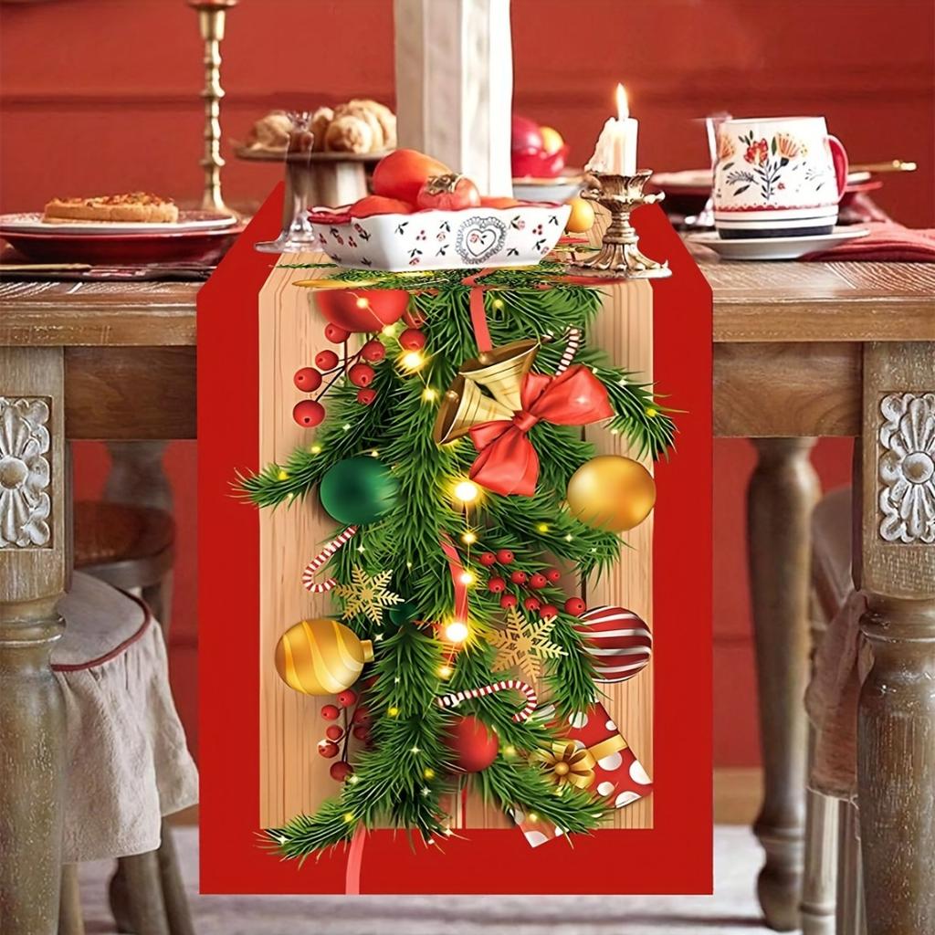 1pc Green Red Christmas Table Runner Colored Ball Pine Printed Dustproof Waterproof Tablecloth for Home Dinning Table Decoration