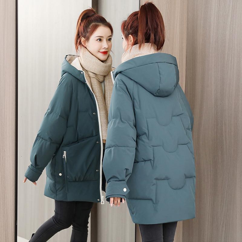 Womens Puffer Coat Mid-Length Loose Fit Winter Warm Hooded Cotton-Padded Jacket Korean Style