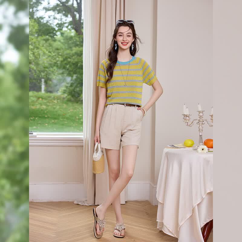Bailuyu Retro Striped Short Sleeve Knit Top