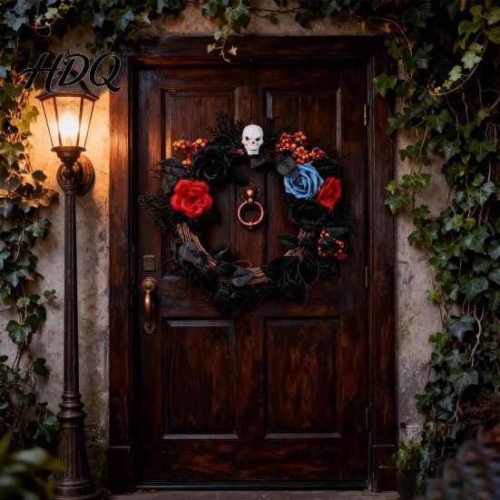 Elegant Mystery Party Props Gothic Black White Blue Rose Twig Wreath 15 Inch Halloween Skull Wreath