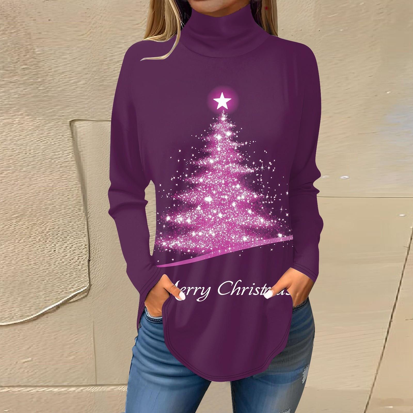 

Женская модная повседневная футболка с высоким воротом и рождественским принтом, длинный рукав, пуловер, топ L