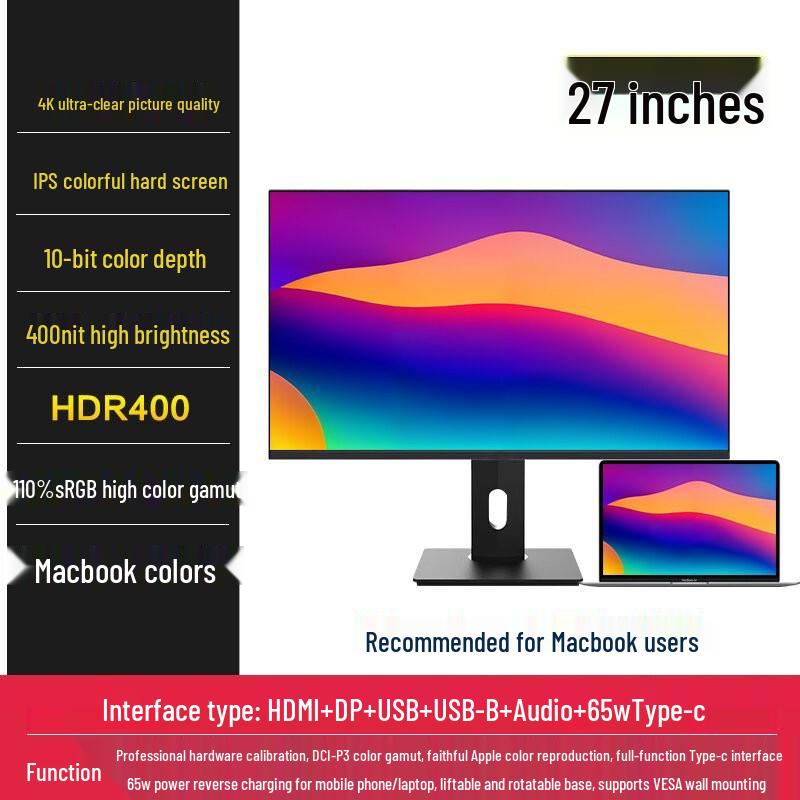 24" Rotating Vertical Monitor, 27" 4K 144Hz IPS Design Secondary Display