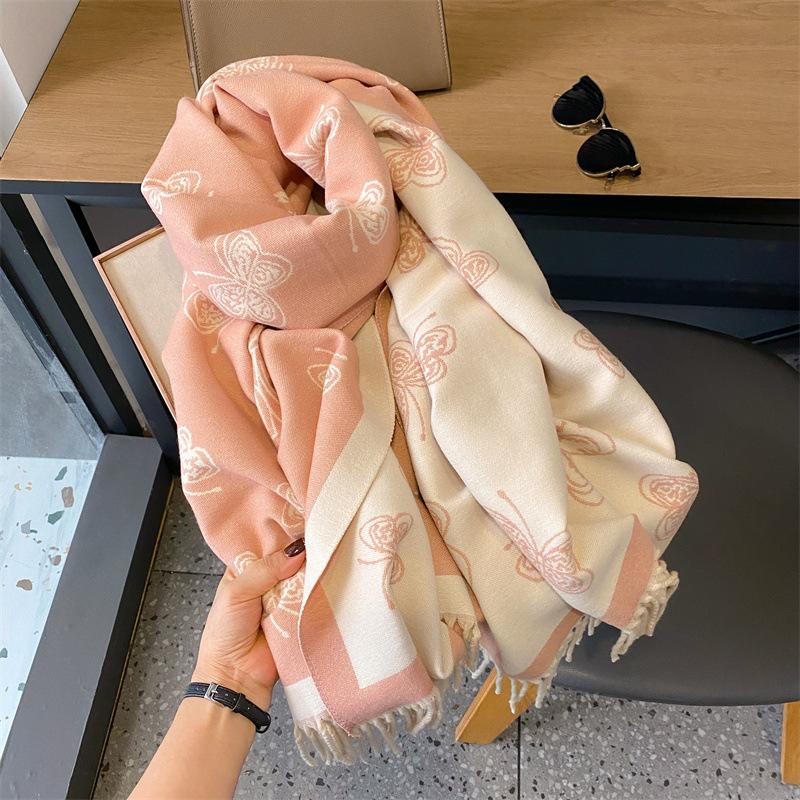 

Very positive~ Cute butterfly double-sided thickened jacquard scarf, winter women s office large shawl to keep warm 195*65cm розовый