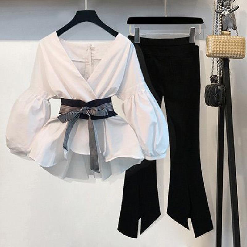 

Весенне-осенняя женская модная повседневная рубашка с короткими рукавами три четверти, широкие брюки, костюм из двух предметов XS белый