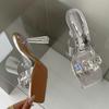 Liyke New Big Crystal Rhinestone Chain Women Clear Heels Mules Slippers Summer Square Toe Pvc Transparent Sandals Wedding Shoes