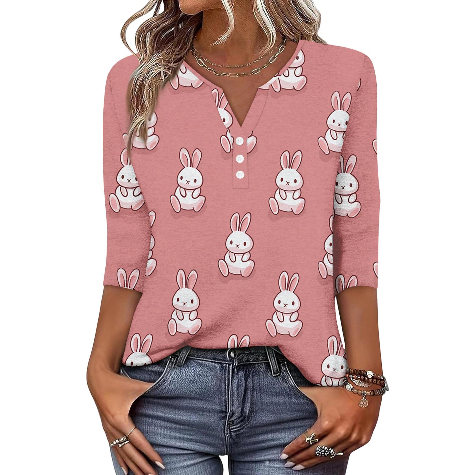 

Women s Fashionable And Casual Easter Bunny And Egg Print V-neck Button-down Three-Quarter Sleeve T-shirt Top S Кіновар