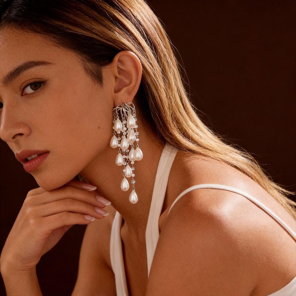 Imitation pearl glass fireworks water drop fringe silver needle earrings elegant fashion niche earrings