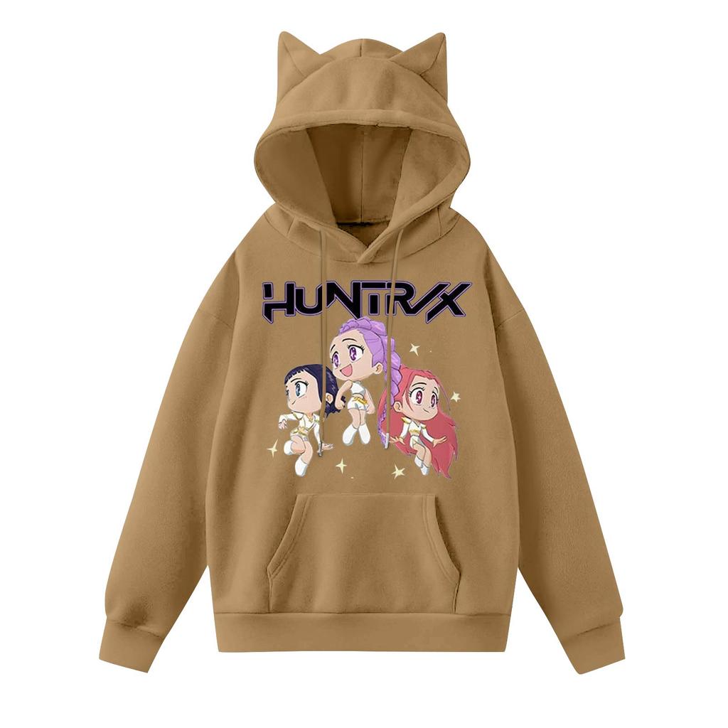 Damemote Casual Langermet trykt Rundhals hettegenser Pullover Topp med lommer