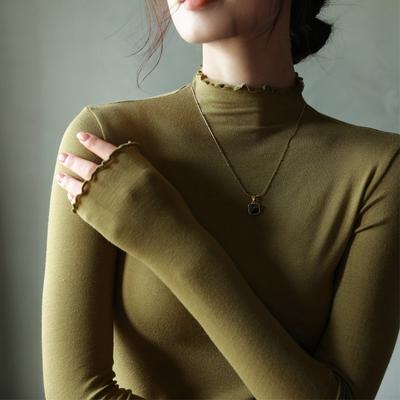 Women's Fall and Winter Inner Half High Neck Wooden Ear Trim Long Sleeve Top