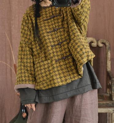 Women Vintage Cotton Linen Parkas Button Nine Sleeve Print Floral Coats Winter Loose Chinese Style Parkas