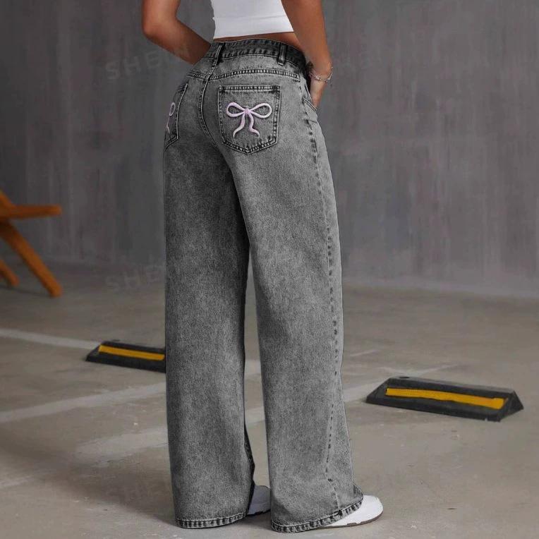 

Retro Bow Embroidery Washed Denim Jeans for Women - Sweet & Spicy Straight Loose Pants Medium