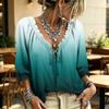Women's V-Neck Gradient Print Ruffle Blouse with Tie
