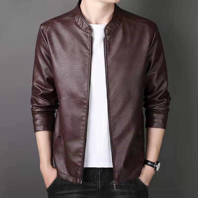 Men's Leather Jacket Autumn and Winter New Trend Versatile Casual Stand Collar Large Size Plus Fleece Leather Jacket for Men