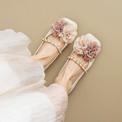 Chaussures de ballet nouvelles bout carré chaussures simples pour femmes fond plat bouche peu profonde mot avec des fleurs chaussures de grand-mère tendance pour femmes