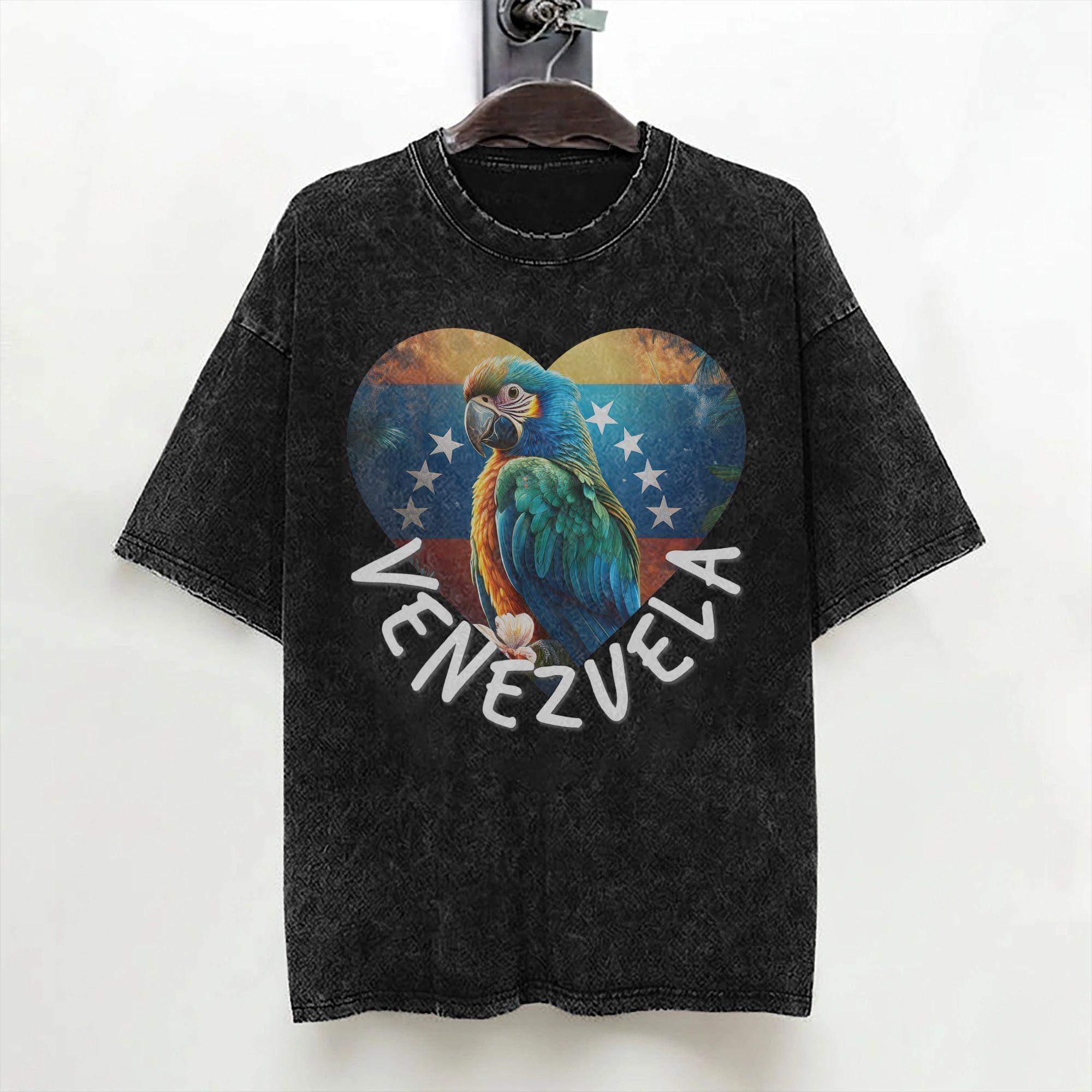 Venezuela 7 Stars Flag with Guacamaya T Shirt Washed Short Sleeve Oversize TShirt Novelty Men Women Streetwear Summer Tee Shirt S