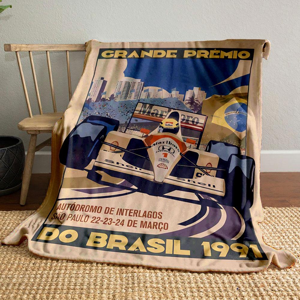 Vintage Brazil Grand Prix 1991 F1 Poster Multicolor Cozy Blanket, Silky Soft Blanket for Restful Sleep, Durable Warm Throw for Outdoor Fun