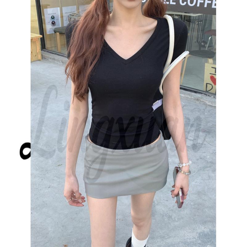 Elegant Slimming V-Neck Lace Trim Short Sleeve T-Shirt - Korean Spring/Summer Style L
