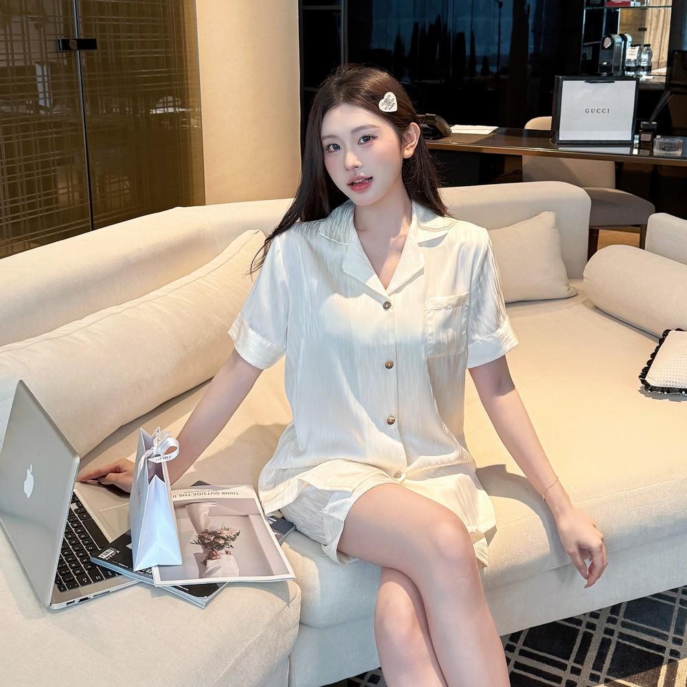 Summer dark pattern ice silk short-sleeved shorts pajamas women's loose loungewear set, thin breathable solid color two-piece set