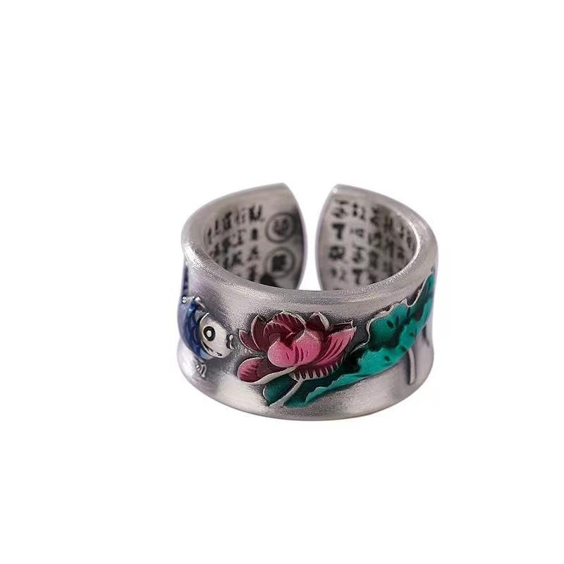 Vintage Ring Blue Koi Lotus Ring for Men and Women's Lovers Personalized Versatile Opening Adjustable