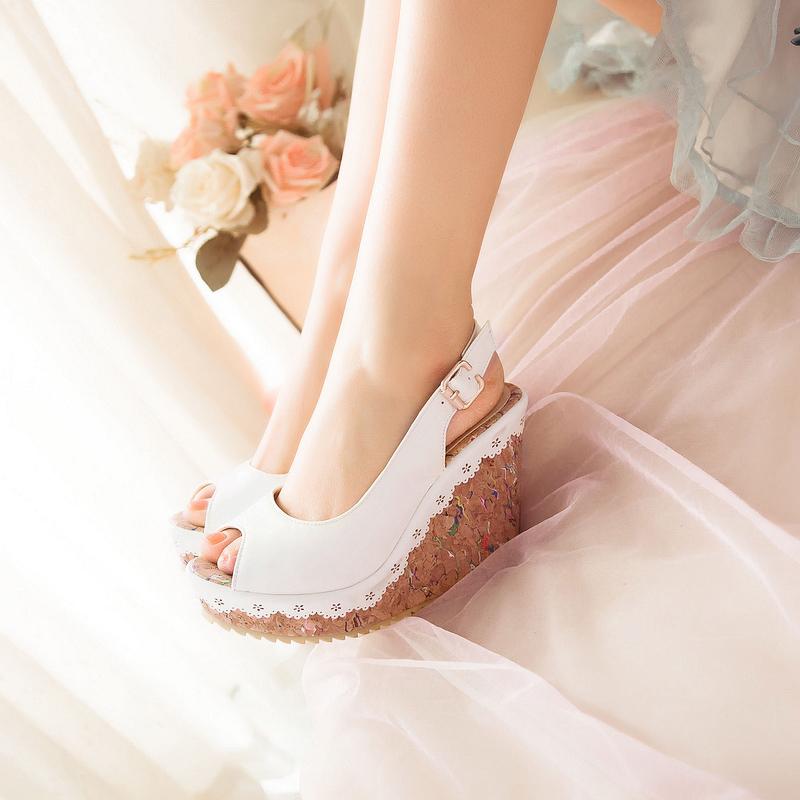 Women's wedge sandals summer new waterproof table hollow large size fish mouth sandals