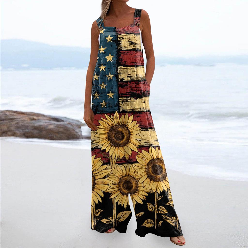 Damenmode Strampler Print Lässig Lose Vintage Overalls Mit Taschen