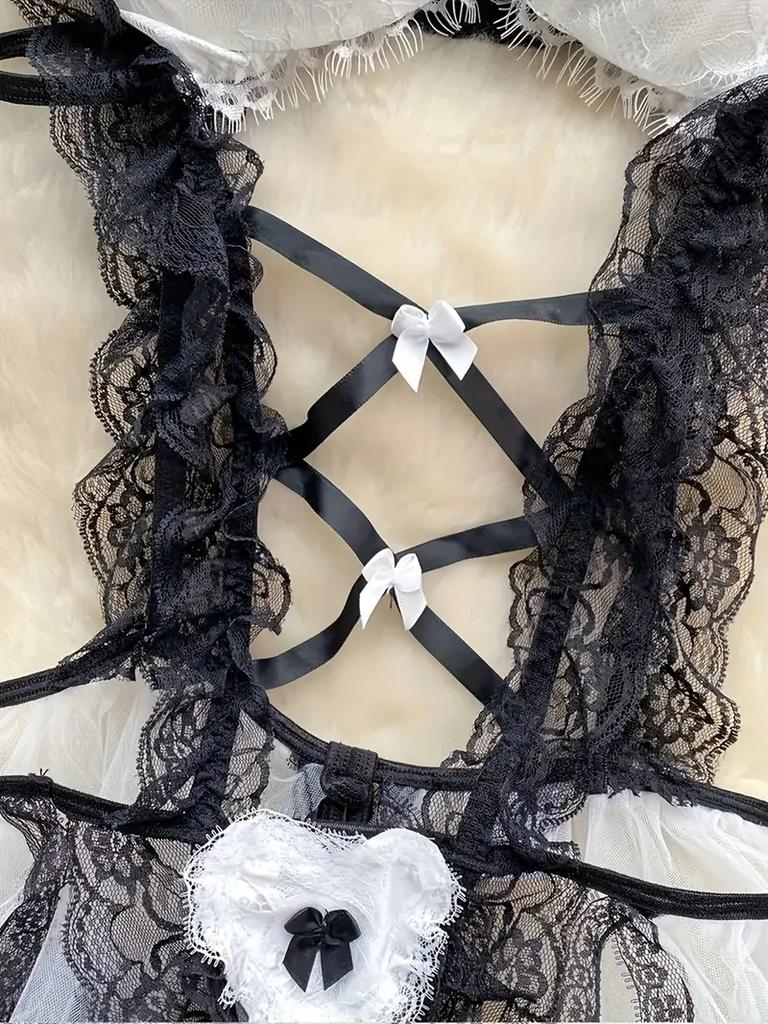 Naughty Maid Uniform Role Play Costume Bodysuit for Women Sexy Lingerie Bow Lace Suspender Dress Cosplay Underwear