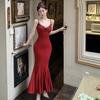 Elegant Color Block Patchwork Lace V-neck Mermaid Dress for Women - Summer Banquet Waist-Cinching Style