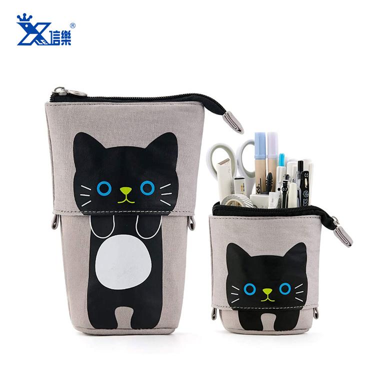 Hot Bulk Sales Zipper Estuches Escolares Cute Cartoon Cat Pen Pouch Telescopic Fancy Stationery Bag Standing Up Kids Pencil Case