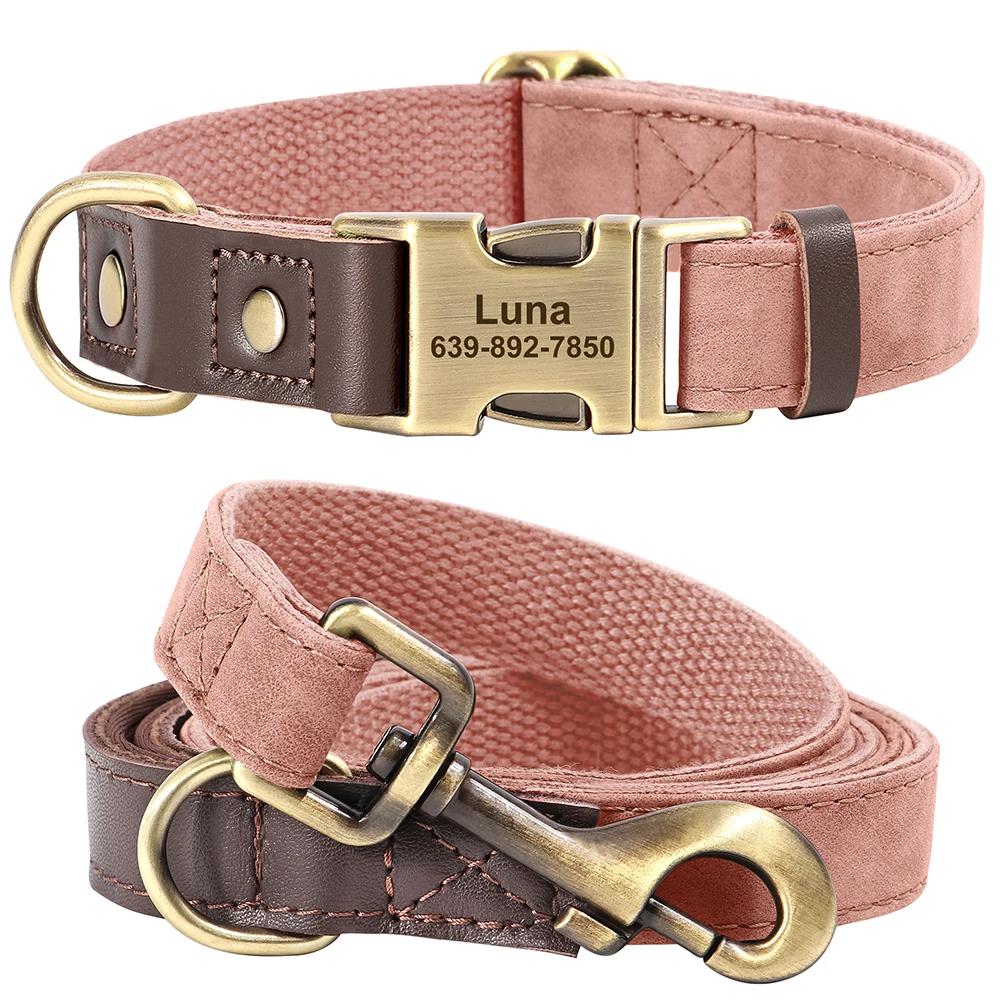 Personalized Leather Dog Collar and Leash Set Custom Engraved Nameplate ID Tag for Small Medium Large Dogs