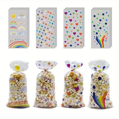 100 Stück Regenbogenfarbene Cellophan-Geschenktüten, OPP-Snack-Süßigkeitstüten, Transparent, Punkte, Herzen, Regenbogen-Design, für Geburtstagsfeier Hochzeit, Lebensmittelverpackungsbeutel