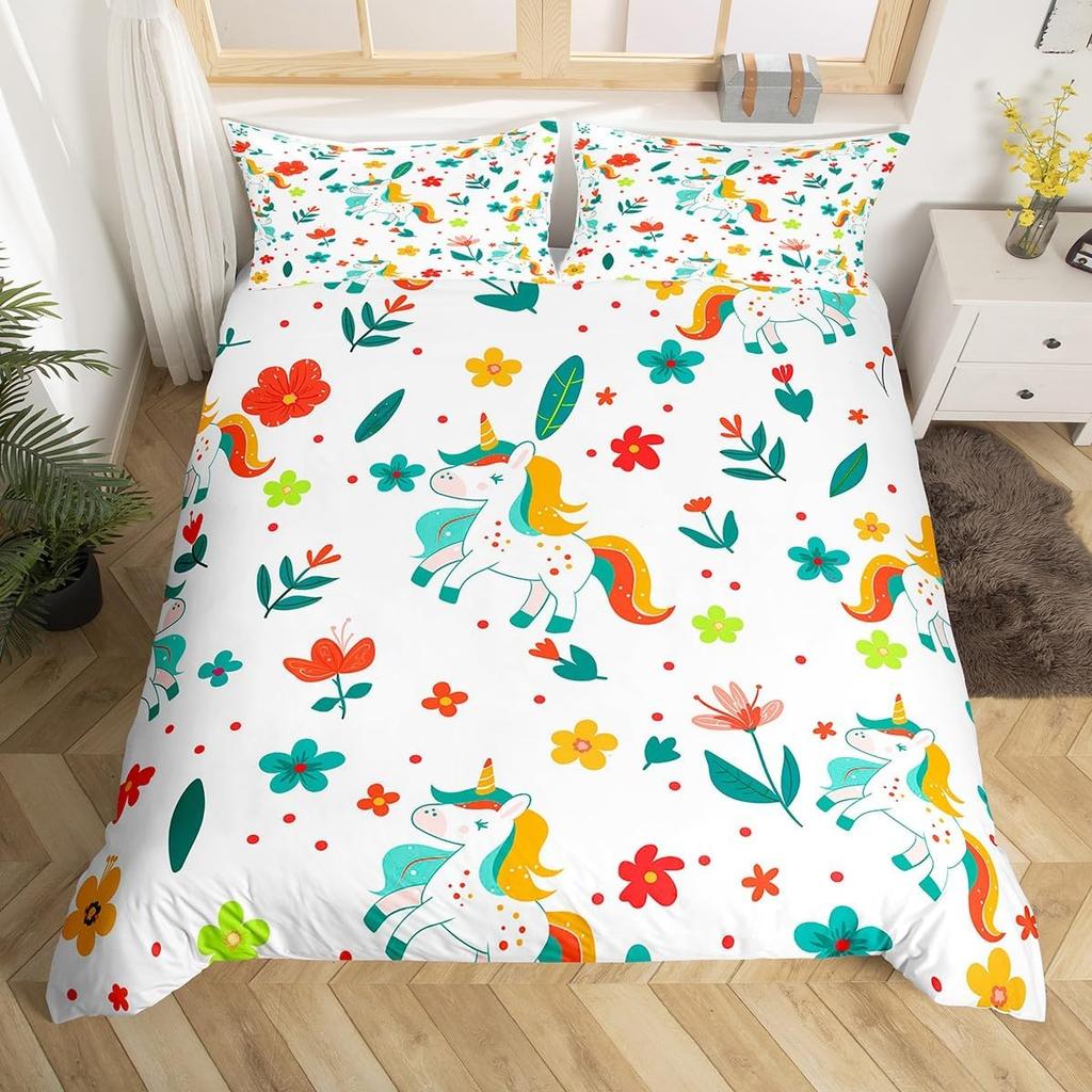 Tier Cartoon King Size Bettbezug Niedliches Regenbogen Alpaka Weiches Bettwäscheset für Jungen Mädchen Floral Dschungel Tier Bettwäsche 3-teilig