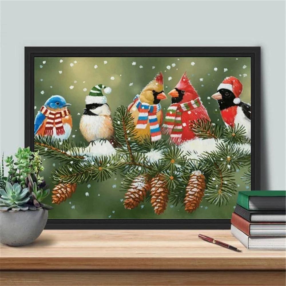 Pictura cu diamant DIY 5D Pasăre de Crăciun Broderie cu diamante pătrat complet Kit de animale Mozaic Decor de iarnă pentru casă