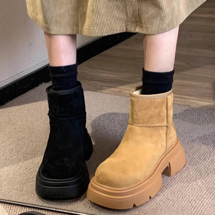 Leather Short Boots Women's Autumn 2025 New Boots Wear Velvet Thermal Cotton Shoes Platform-soled Versatile Snow Boots