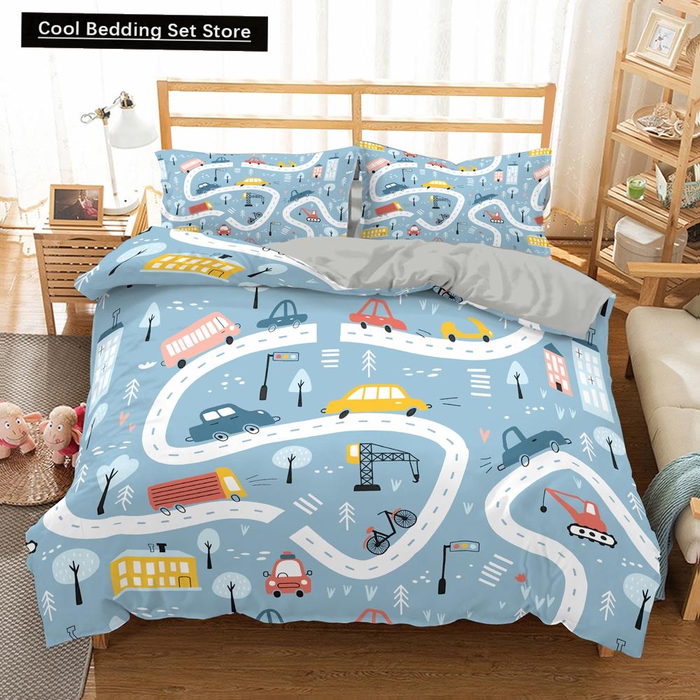 Kreslené Vlakové Ložní Sety 2/3ks Povlak na Peřinu Autíčko Náklaďák Měkký Povlak na Přikrývku Jednolůžko Queen King Size Polyesterový Povlak na Přikrývku
