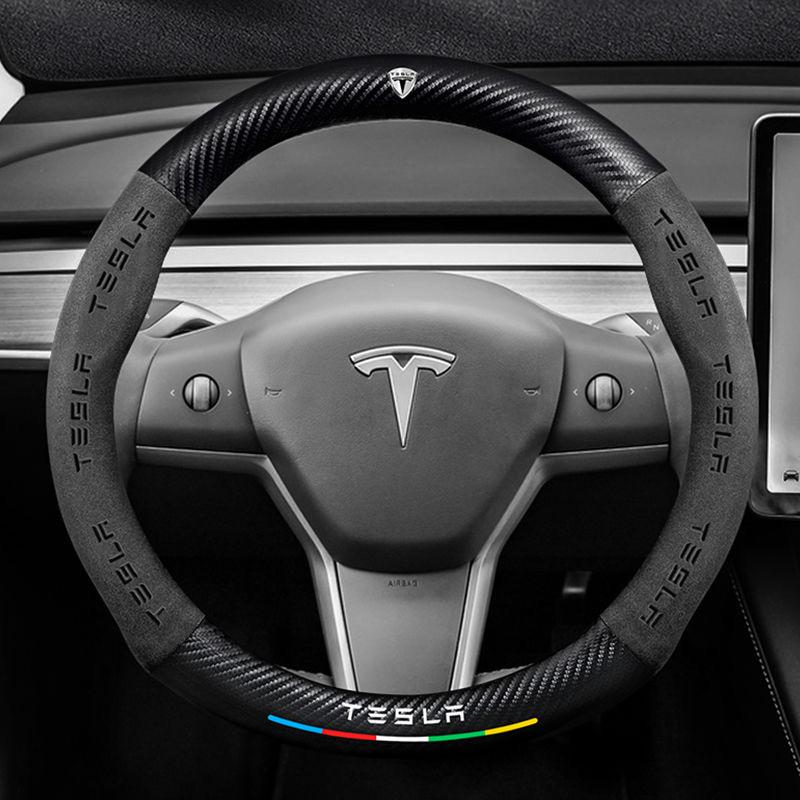 ALA1 Tesla Model 3 Model Y Model S Model X Roadster Suede Carbon Fiber Anti-slip Breathable Car Steering Wheel Cover Auto Accessories