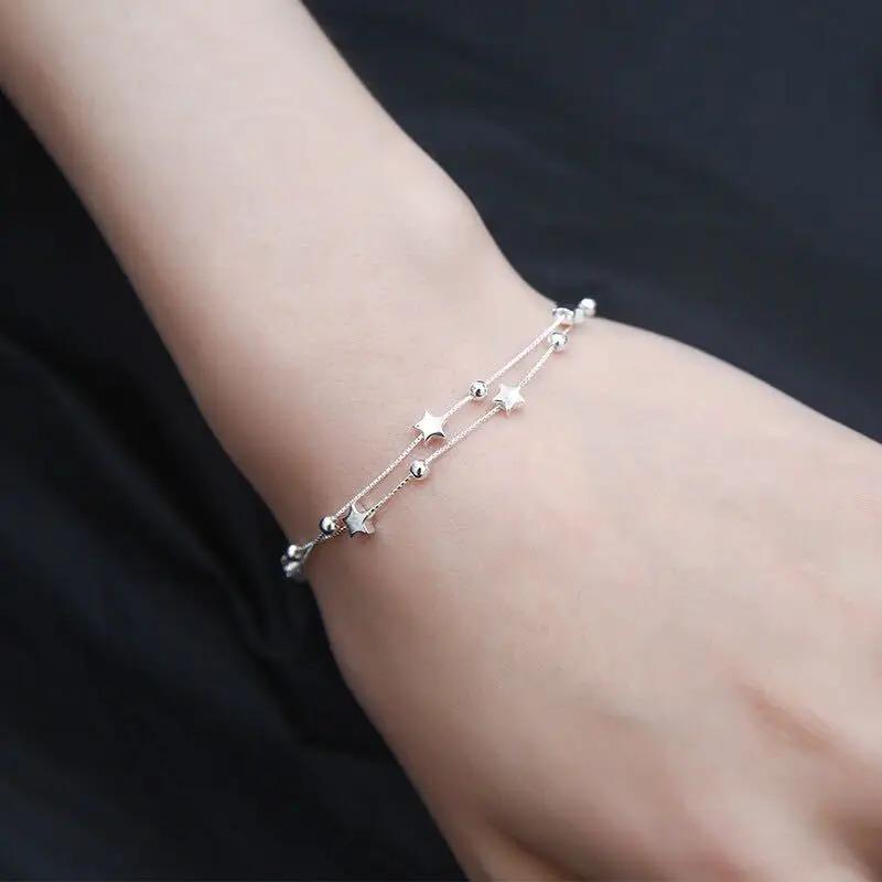 925 Sterling Silver Bead Chain Bracelets For Women Korean Sweet Double Layer Beautiful Stars Bracelets Original Jewelry Gifts