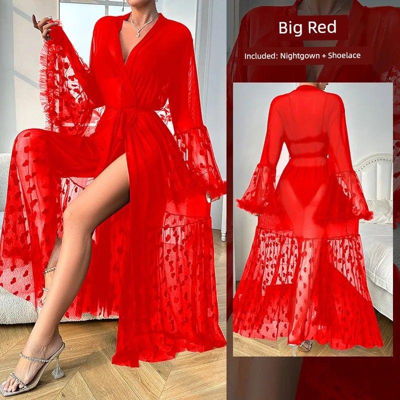 

New Arrival Sexy Ultra Slim Shoelace Nightgown Bathrobe-Mesh Lace Stitching Deep V Transparent Outerwear Gown/Sexy Sleepwear Women Red L